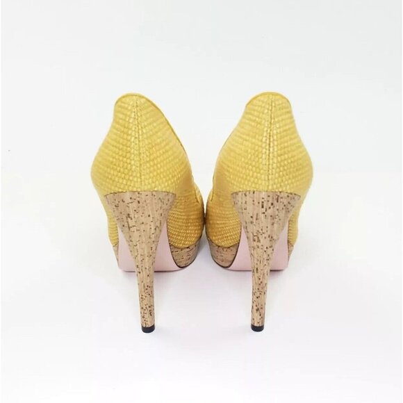 Gucci Bumblebee Woven Cork Platform Pump Stiletto Almond Round Toe Yellow US 7.5 - Picture 5 of 10